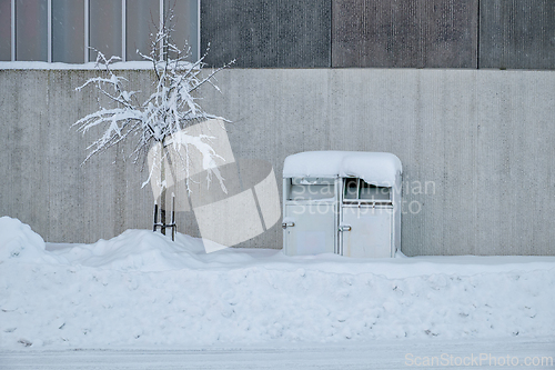 Image of Snow-covered mailbox and bare tree near a concrete wall in winte