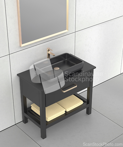 Image of Black wash basin cabinet with rose gold faucet and mirror 