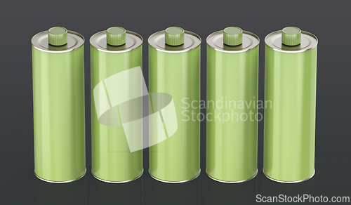 Image of Front view of five green round tin bottles