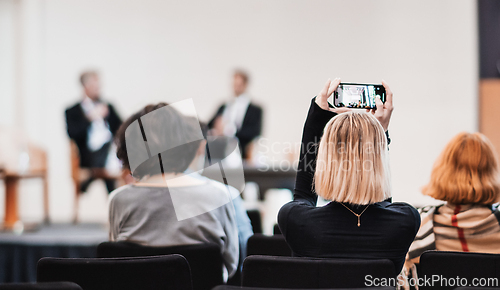 Image of Interview and round table discussion at business convention and presentation. Audience at the conference hall. Business and entrepreneurship symposium