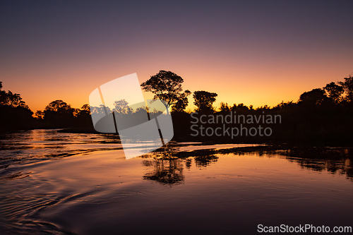 Image of Breathtaking landscape of the Pantanal at dusk, Mato Grosso do Sul, Brazil. Brazilian nature and wilderness.