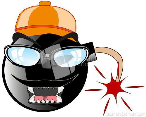 Image of Cartoon of the bomb bespectacled and headdress
