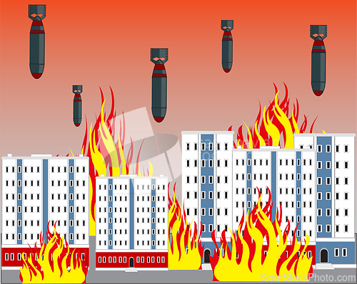 Image of War in city blaze buildings fall bombs