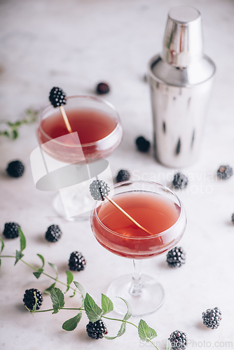Image of Blackberry gin cocktail in martini glass garnish with fruit on l