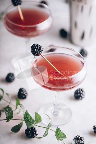 Image of Blackberry gin cocktail in martini glass garnish with fruit on l
