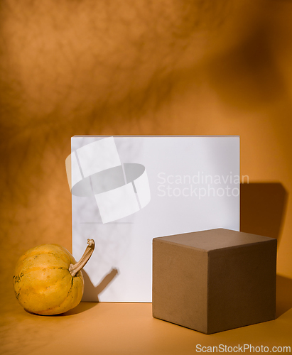 Image of Abstract autumn background composition with cube podium and than