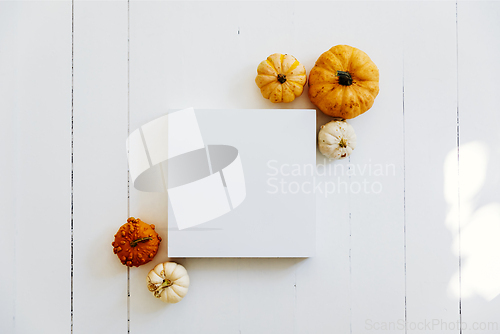 Image of Empty picture frame with autumn pumpkin decor on white wooden fl