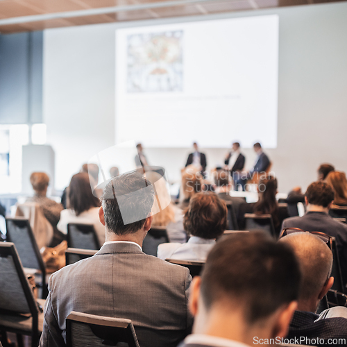 Image of Interview and round table discussion at business convention and presentation. Audience at the conference hall. Business and entrepreneurship symposium