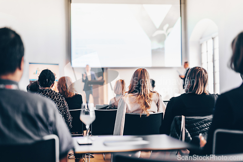 Image of Interview and round table discussion at business convention and presentation. Audience at the conference hall. Business and entrepreneurship symposium
