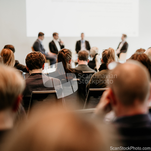 Image of Interview and round table discussion at business convention and presentation. Audience at the conference hall. Business and entrepreneurship symposium
