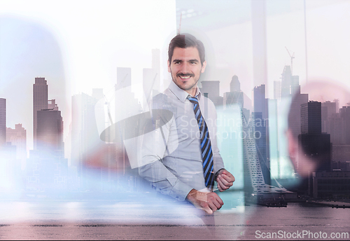 Image of Confident company leader on business meeting against new york city manhattan buildings and skyscrapers window reflection.