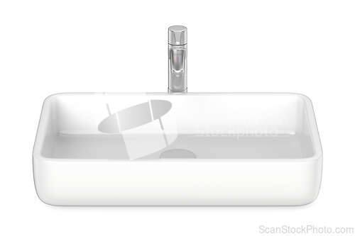 Image of Square bathroom sink with silver faucet