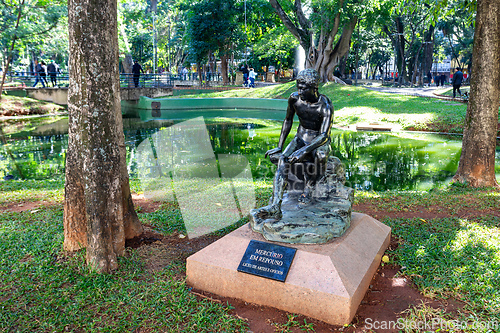 Image of A view of a bronze statue titled Mercurio em Repouso in a public park in Sao Paulo. Brazil