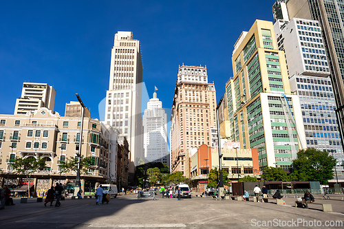 Image of Historic city center of Sao Paulo with people walking on the square Praca da Republica. Brazil