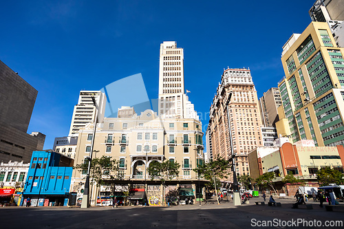 Image of Historic city center of Sao Paulo with people walking on the square Praca da Republica. Brazil