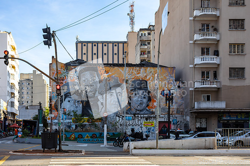 Image of Colorful and expressive street art mural on the side of a building in Sao Paulo downtown. Brazil