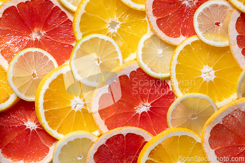 Image of closeup of ripe juicy orange, grapefruit and lemon fruit slices