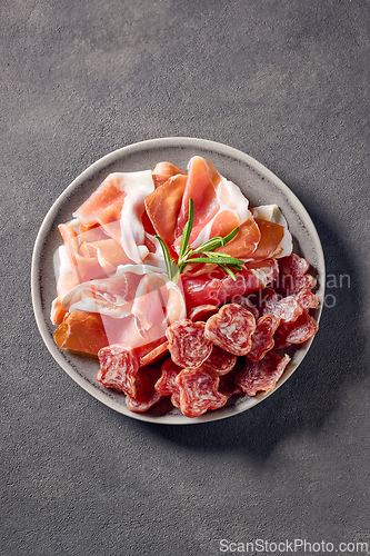 Image of plate of prosciutto  on grey table background