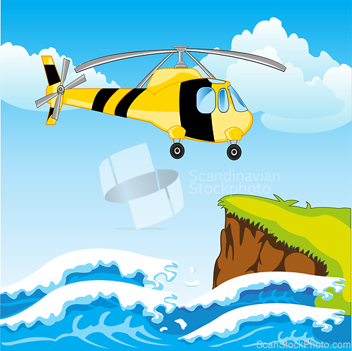Image of Helicopter on wave of the ocean flies ashore