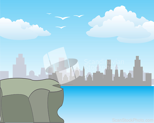 Image of Cliff seaborne and big city on other coast