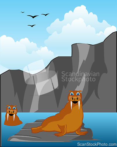 Image of North animals walruses on stone seaborne landscape