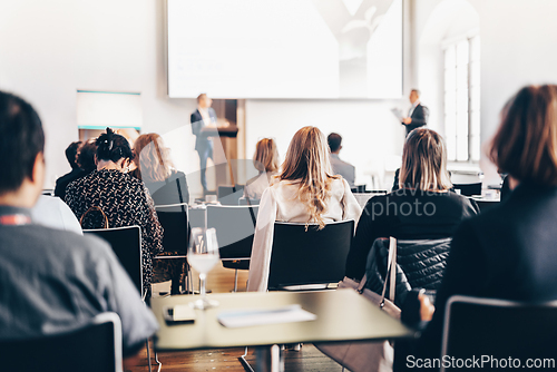 Image of Interview and round table discussion at business convention and presentation. Audience at the conference hall. Business and entrepreneurship symposium