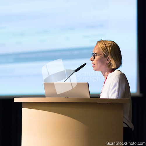 Image of Female speaker giving a talk on corporate business conference. Business and Entrepreneurship event.
