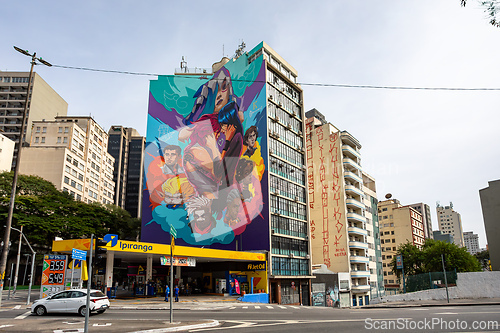 Image of Famous Arcane mural by artist Bruno Mota on a building located at Rua Maria Paula, Sao paulo, Brazil