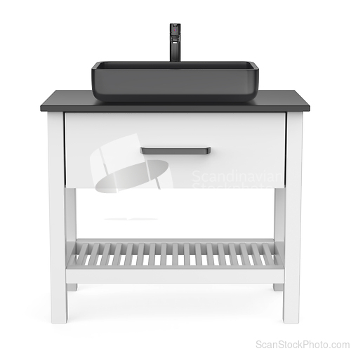 Image of White wash basin cabinet with black sink and faucet