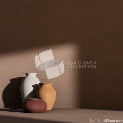 Image of Architecture background with clay pots on concrete wall interior