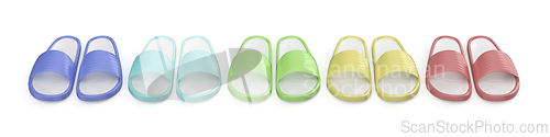 Image of Row of five pairs of rubber slides in different colors