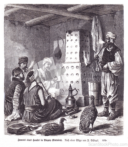 Image of Engraving of a bustling market in Ragusa (Dubrovnik) after a Vlaho Bukovac painting, featuring women in traditional dress selling fruits and vegetables from baskets.