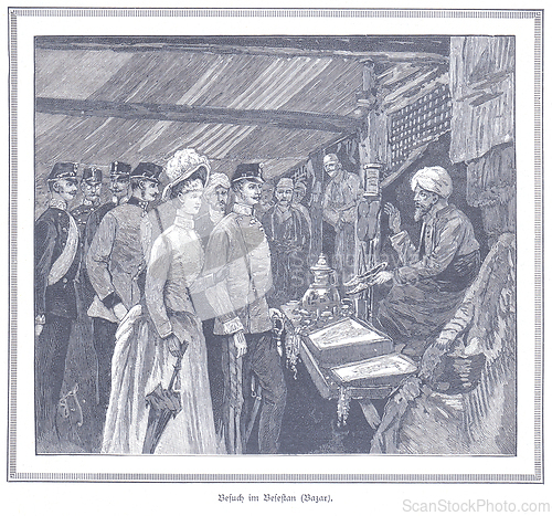 Image of A detailed 1888 engraving captures Archduke Franz Ferdinand and a lady visiting a bustling Bezistan (bazaar) in Sarajevo, observed by local merchants and military retinue