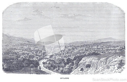 Image of Panoramic engraving of Sarajevo from Bembasa, showcasing a dense cityscape nestled in a valley, with a river winding through, dotted with numerous minarets and bridges, all framed by surrounding hills