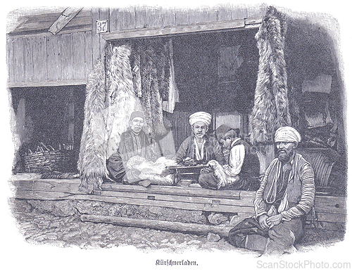 Image of Engraving of a traditional furrier shop (kozarska radnja) in Sarajevo, featuring craftsmen at work and fur pelts hanging, depicting 19th-century trade and daily life