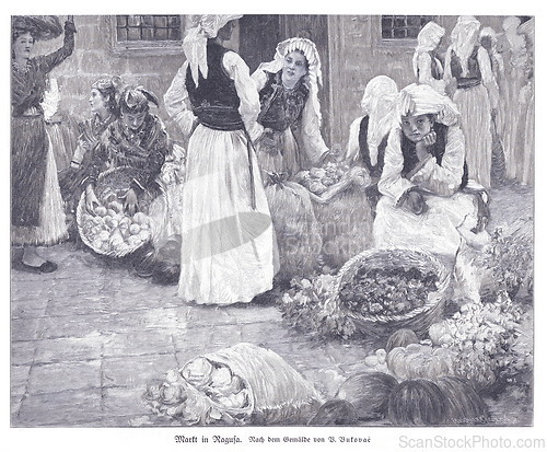 Image of Engraving of a bustling market in Ragusa (Dubrovnik) after a Vlaho Bukovac painting, featuring women in traditional dress selling fruits and vegetables from baskets