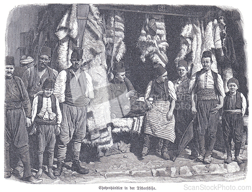 Image of Engraving of men and boys, likely fur pelt merchants, in a Sarajevo bazaar shop, surrounded by hanging animal pelts and a rustic market setting.