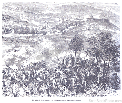 Image of An engraving of an intense historical battle scene with soldiers fighting in the foreground, and a fortified town, complete with minarets and a castle on a hill, in the background