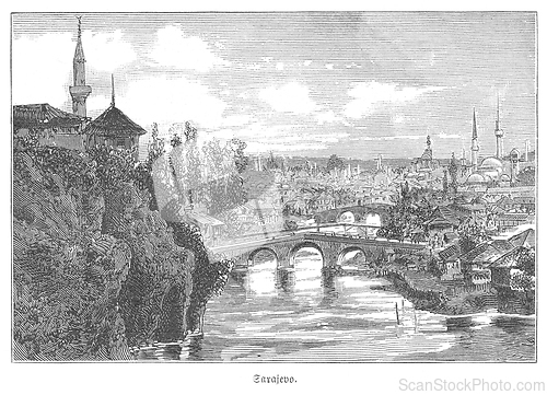 Image of Engraving of Sarajevo's cityscape, highlighting a multi-arched bridge over a winding river, flanked by lush banks and featuring minarets and traditional buildings in the background.