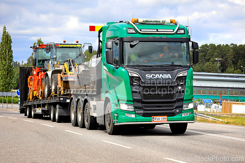 Image of Green Scania R650 Truck Transports Roadworks Machinery