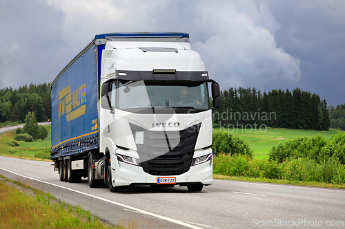 Image of White Iveco S-Way Truck Semi Trailer on Road