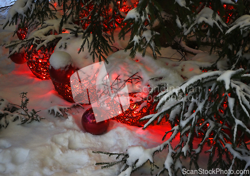 Image of Christmas tree decorations in the snow under the Christmas tree