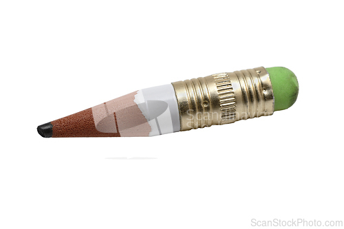 Image of short stub of pencil with eraser on white background 