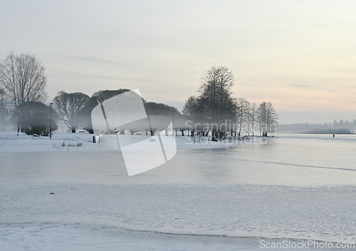 Image of Tranquil frozen lake with misty treeline