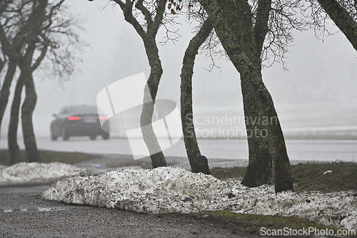 Image of melting snow on the lawn and a car on the road in the fog in a s