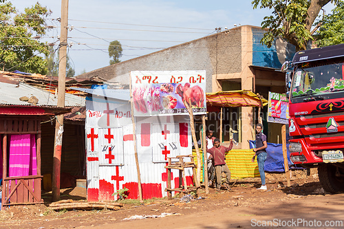 Image of Shop specializing in meat sales operates by the road in Demebecha, Ethiopia