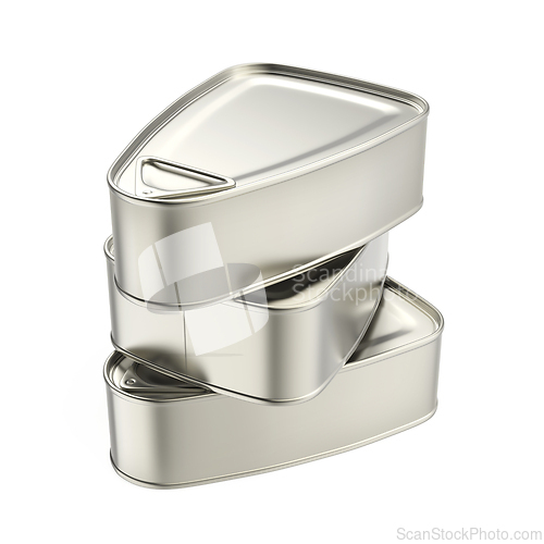 Image of Stack of three tin cans with ham, fish, or other food