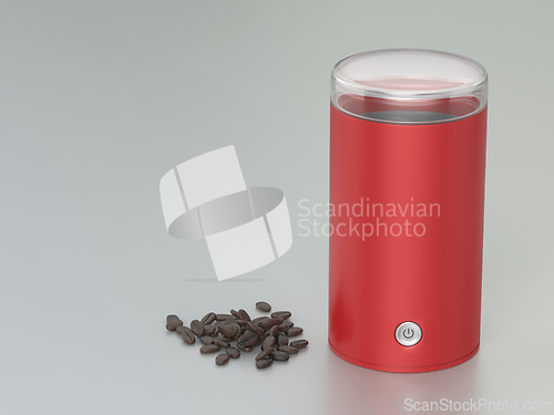 Image of Pile of coffee beans next to red electric coffee grinder