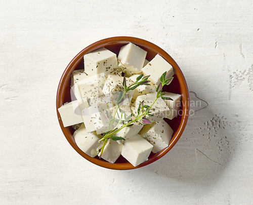 Image of bowl of fresh greek cheese cubes