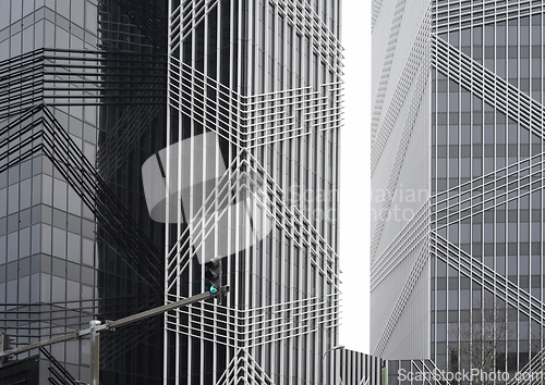 Image of modern office buildings against the backdrop of the northern lig